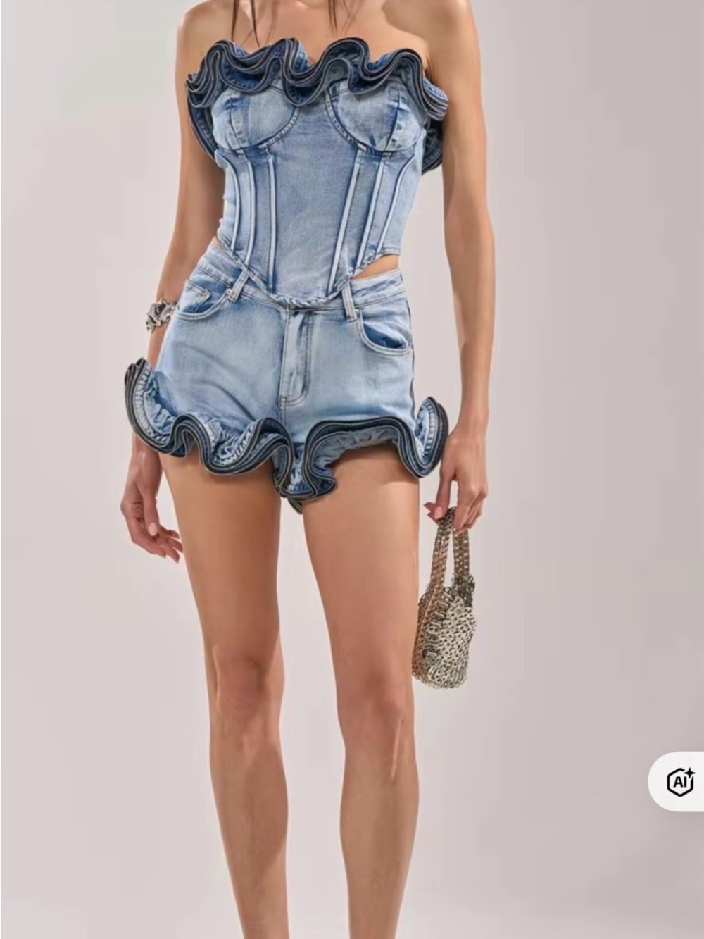 AKIRA Light Blue Ruffled Denim Strapless Shorts Romper